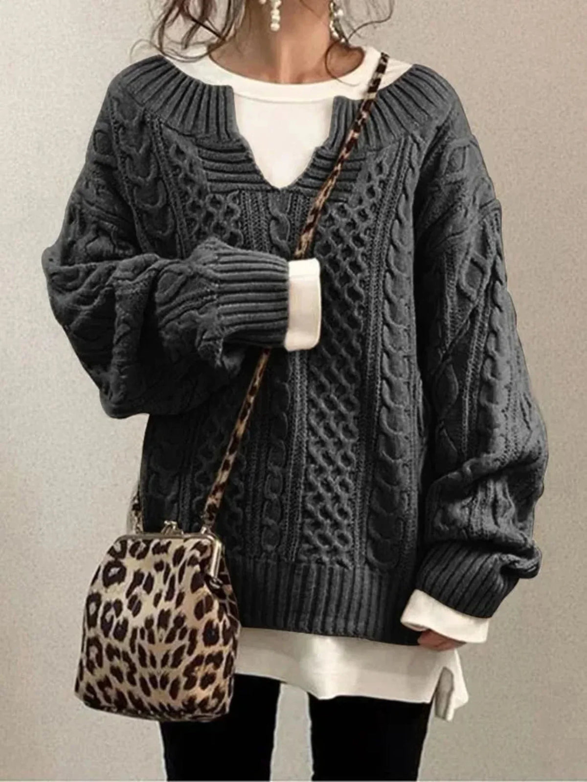 Pull oversize col V pour femme, coloris gris foncé