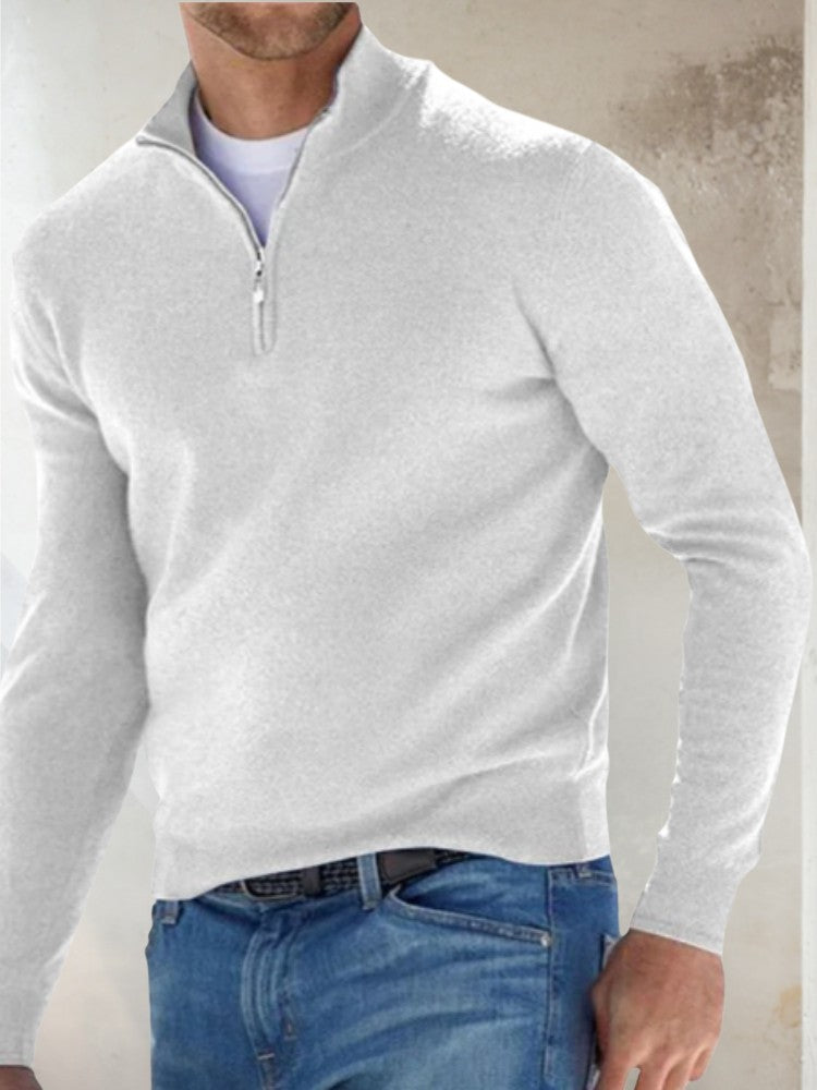Pull demi-zip côtes classiques, coloris gris clair, vue de face