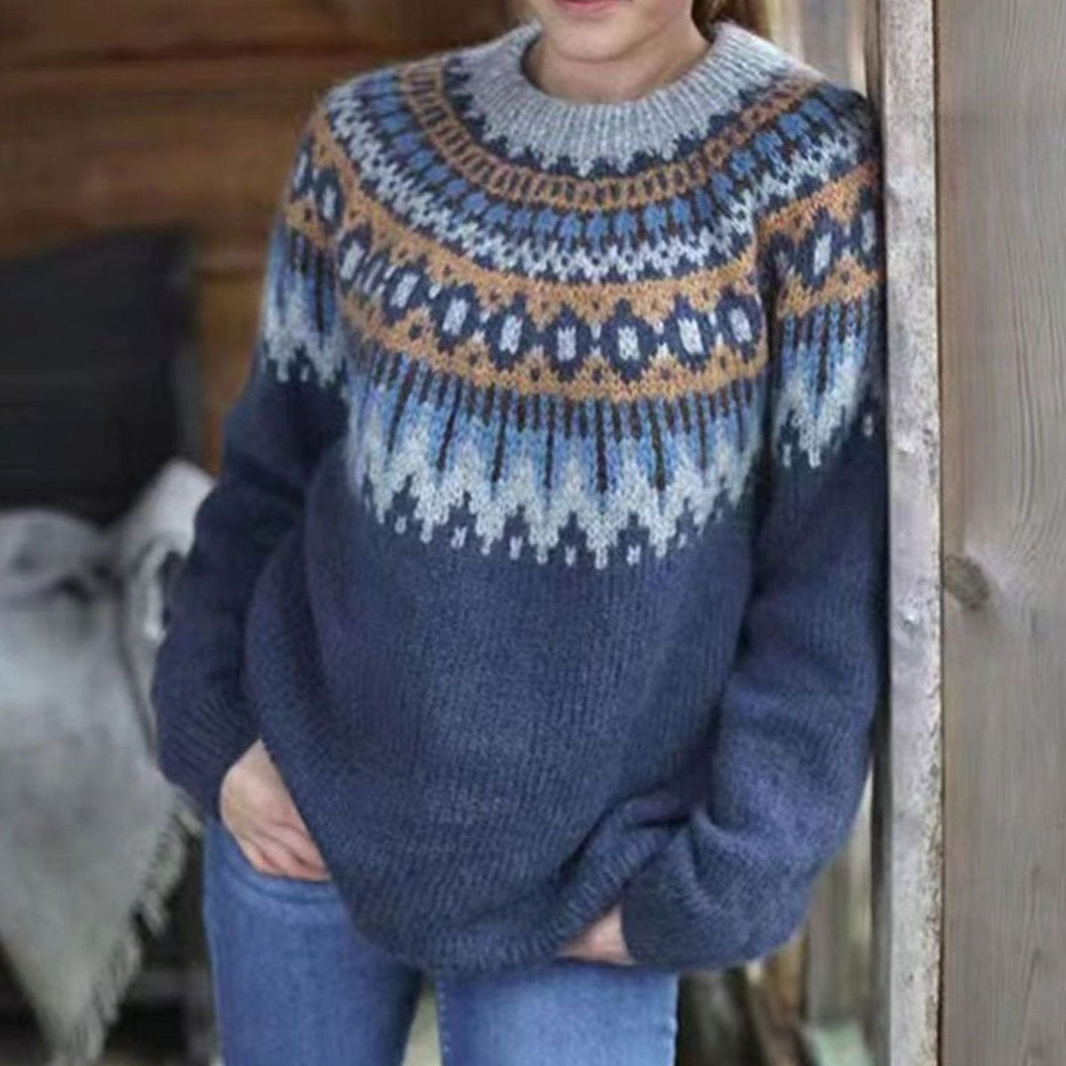 Pull norvégien bords contrastés pour femme, coloris bleu marine
