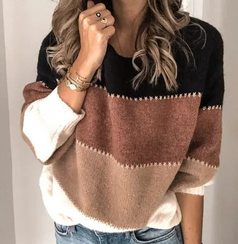 Pull à larges rayures pour femme, coloris marron