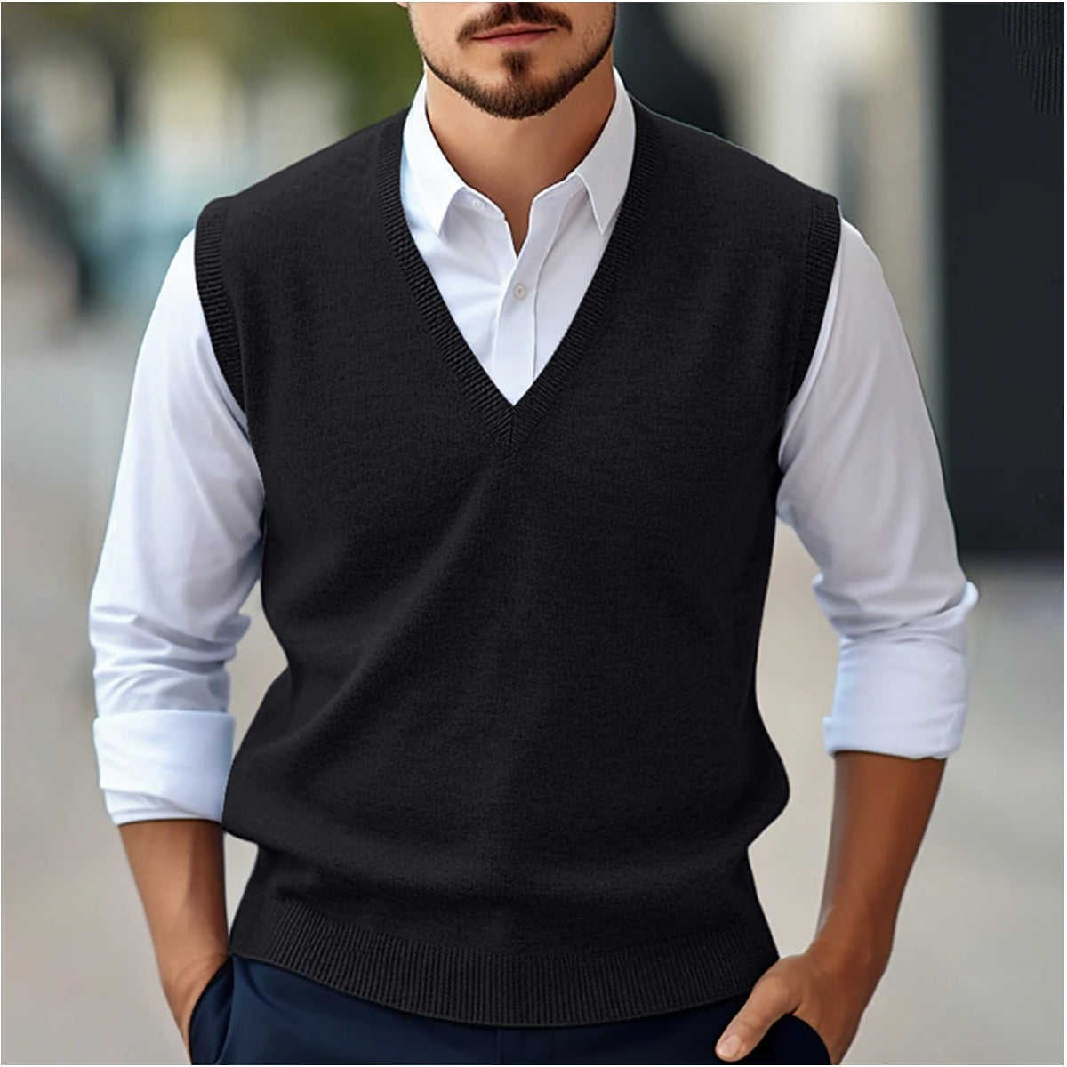 Pull sans manches col V pour homme, noir, porté sur une chemise blanche