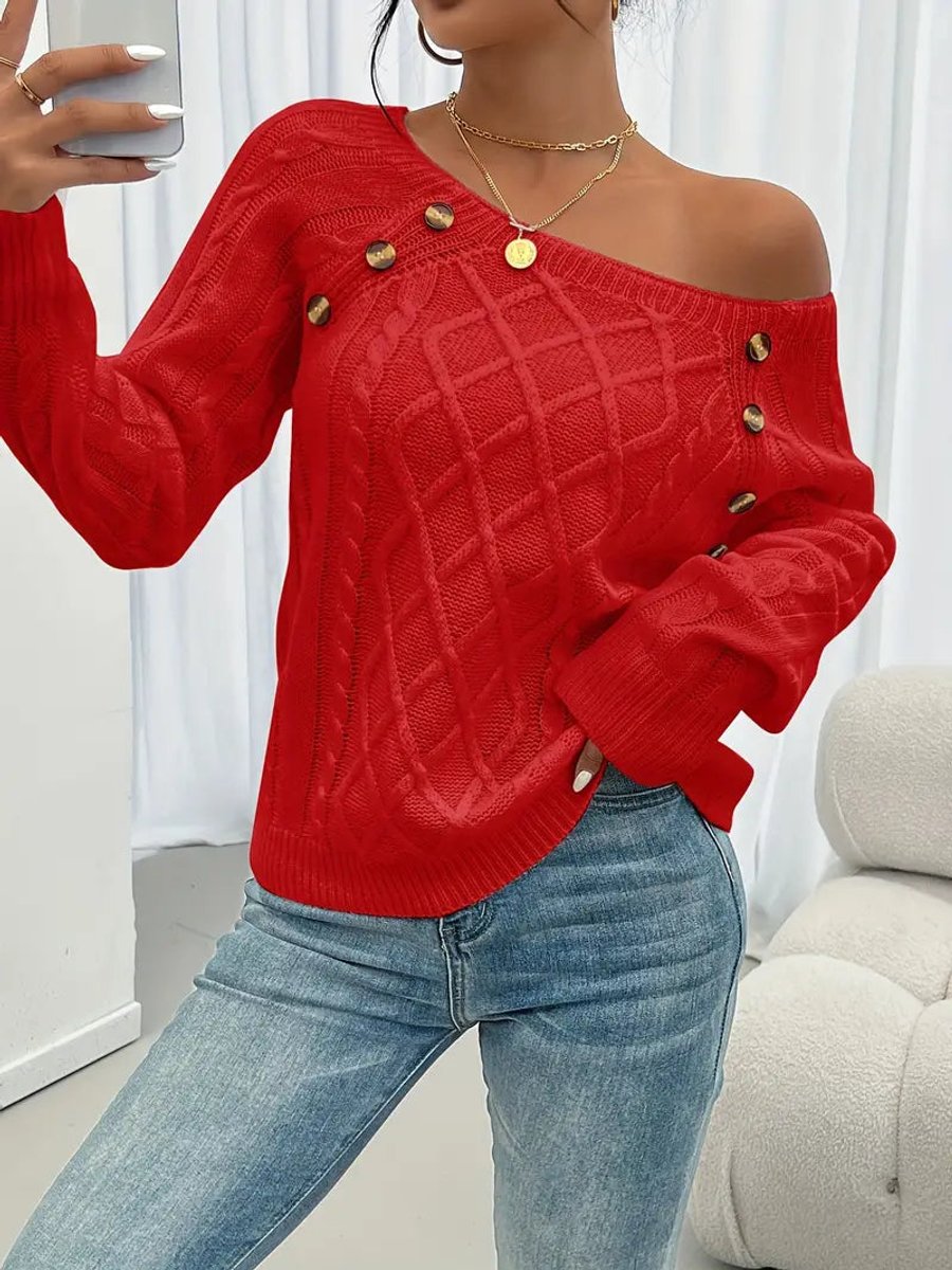 Pull torsadé à boutons, rouge, vue 2