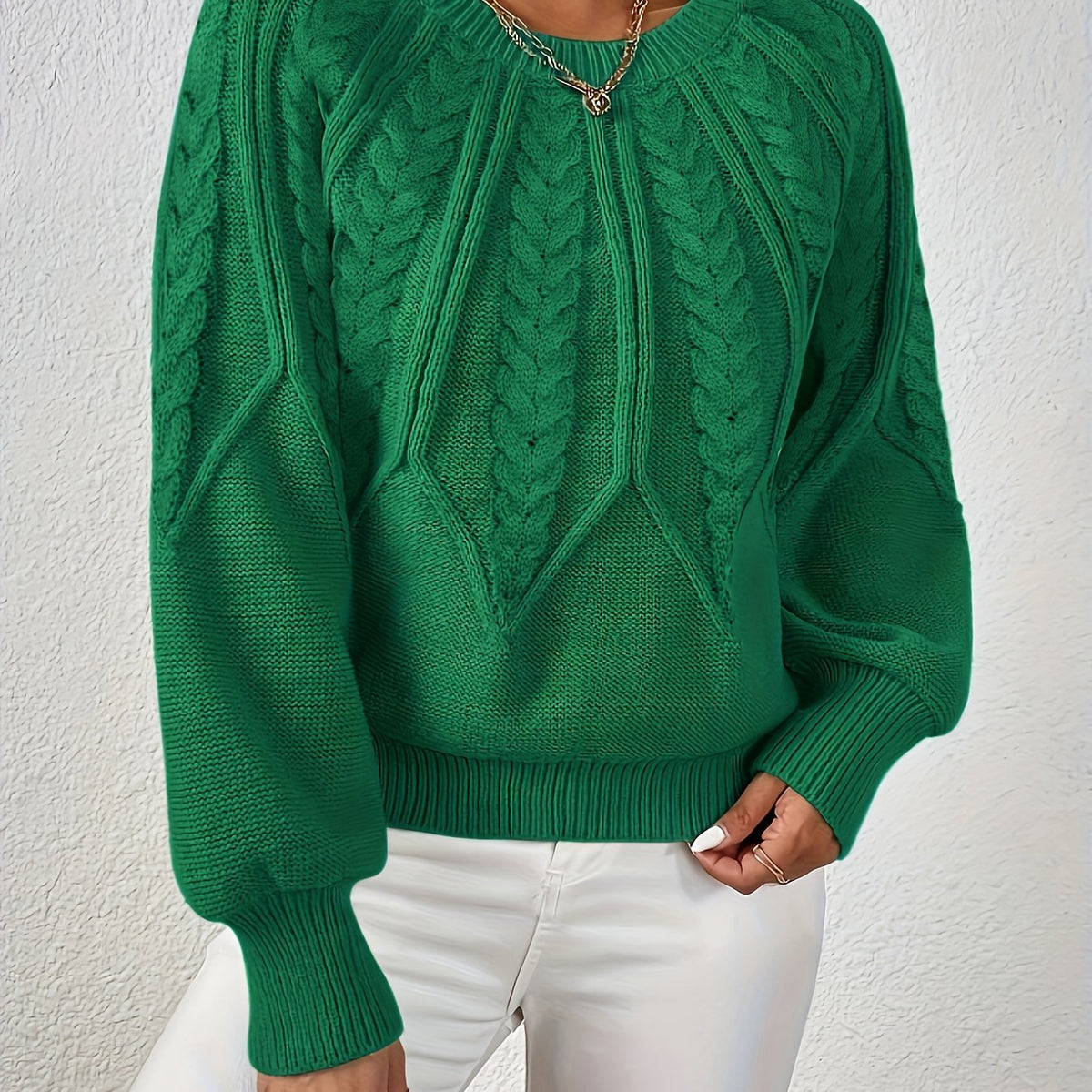 Pull torsadé col rond pour femme, coloris vert