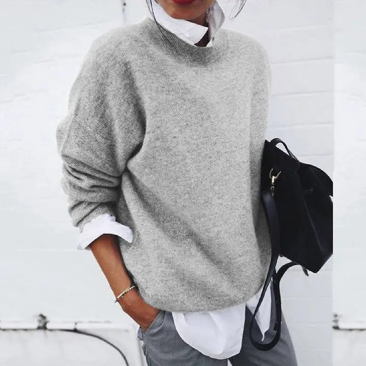Pull uni ourlet arrondi pour femme, coloris gris