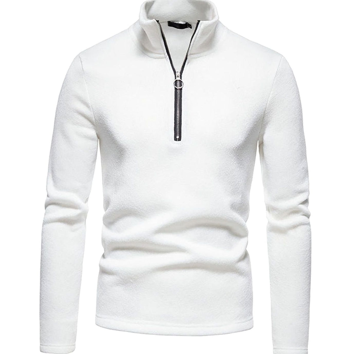 Pull en maille blanc, zip court et col montant, de face