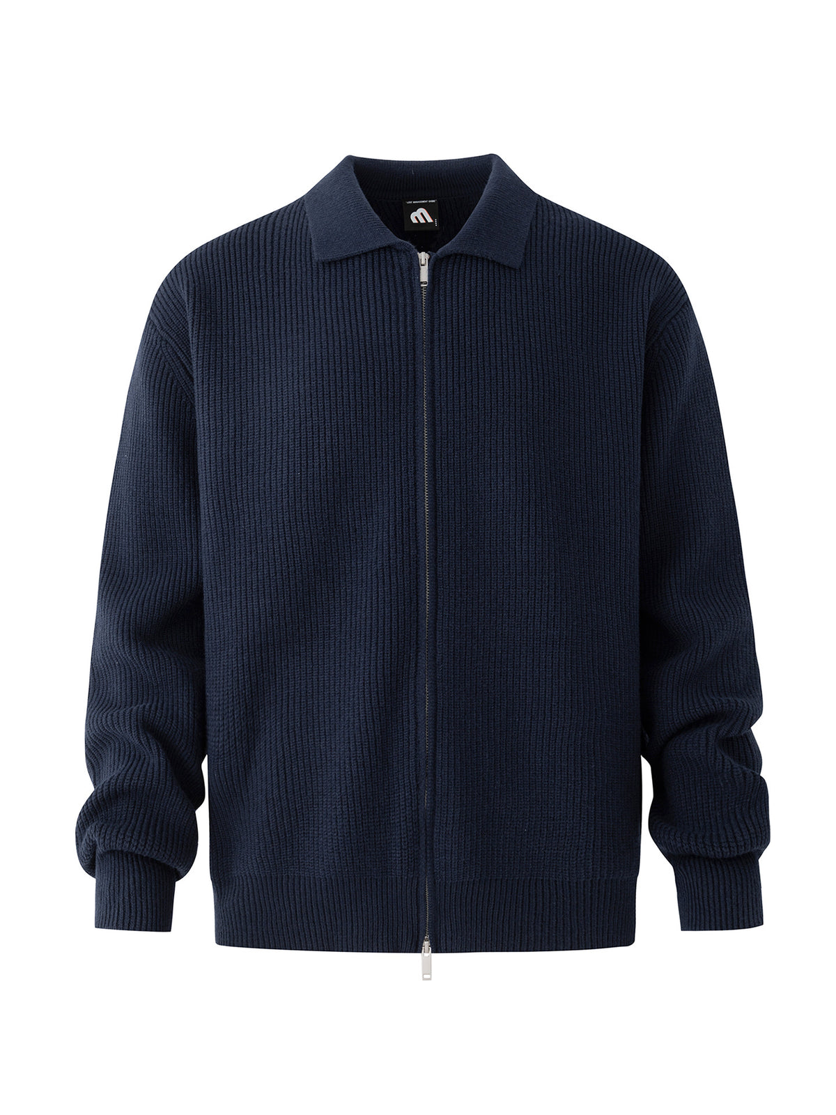 Veste en maille côtelée bleu marine à col chemise, posée à plat de face