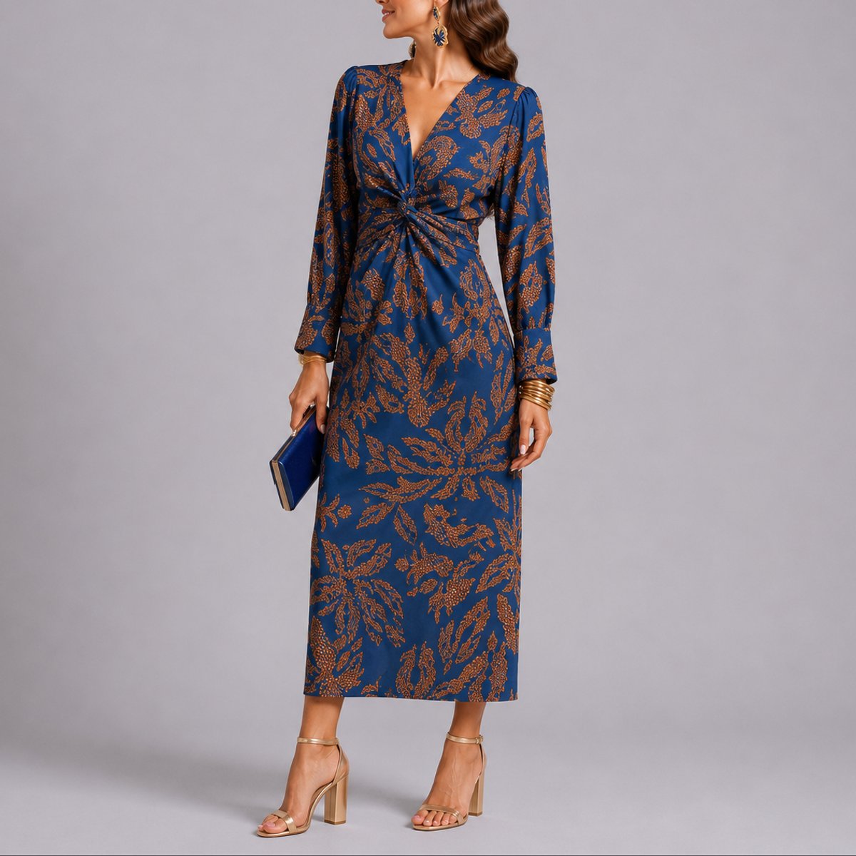 Robe midi fleurie torsadée, bleu
