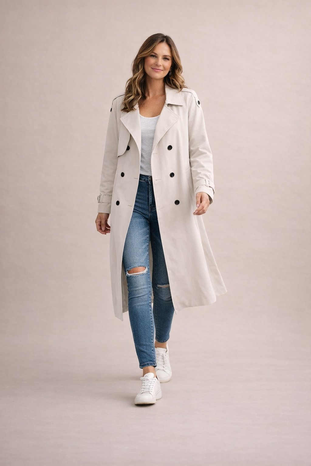 Trench long ceinturé revers, coloris crème, vue de trois quarts
