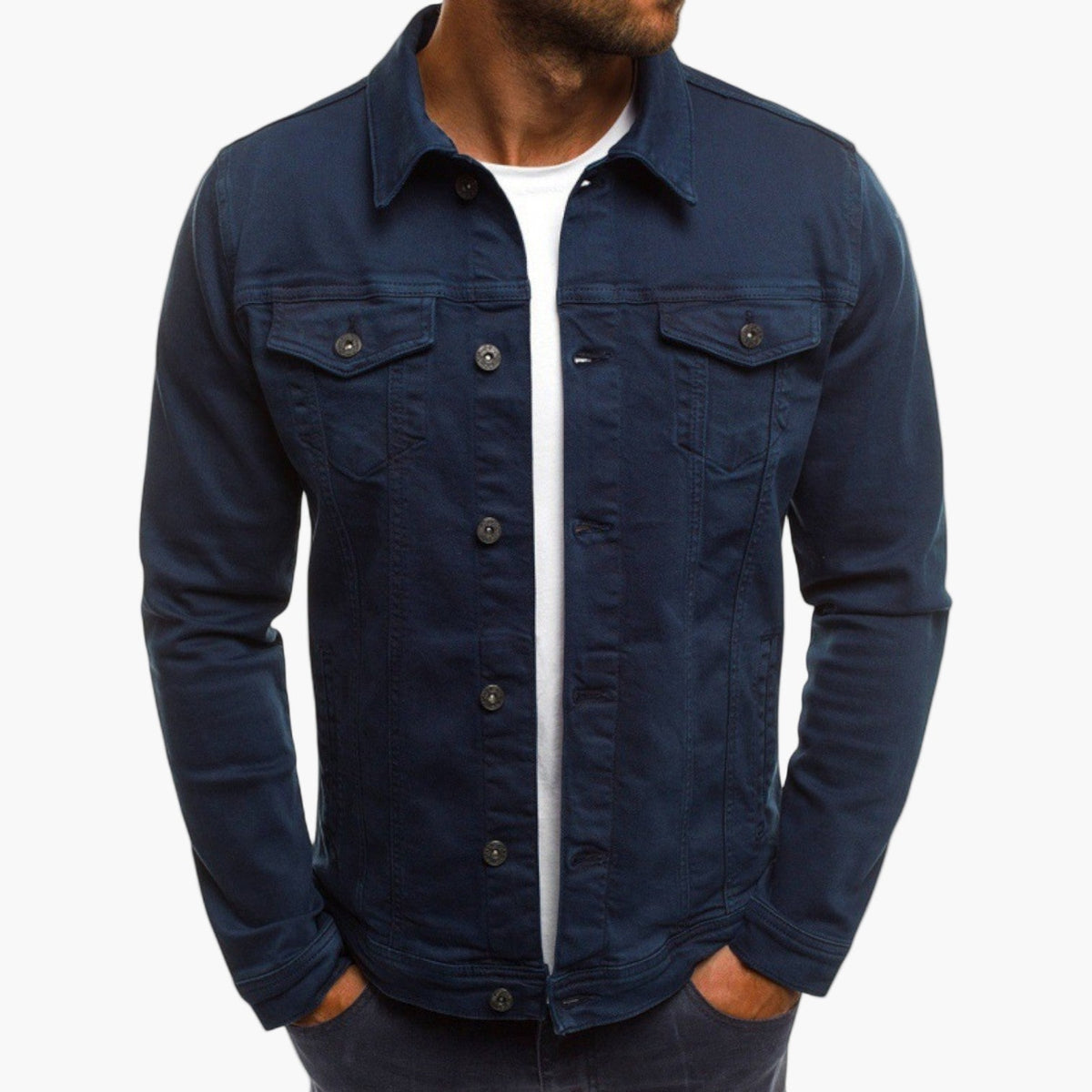 Veste col chemise boutonnée, coloris bleu marine foncé, vue de face