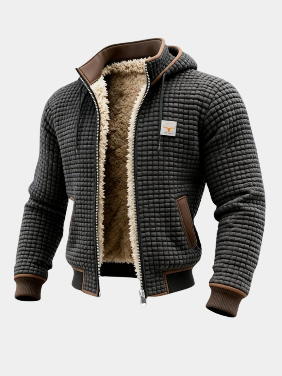 Veste à capuche gris anthracite en maille gaufrée, doublée sherpa, détourée sur fond clair