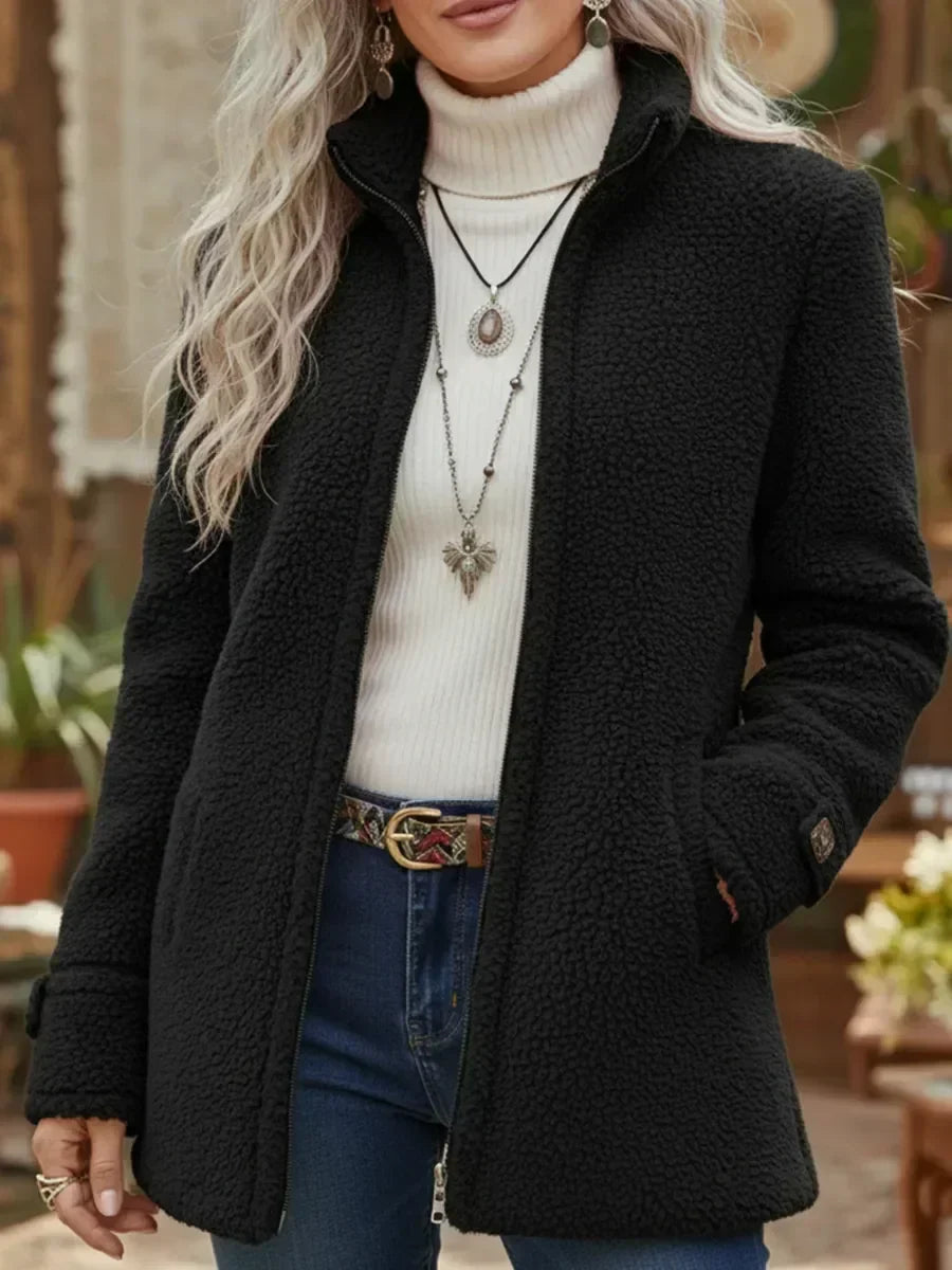 Veste teddy col montant, coloris noir, vue de face