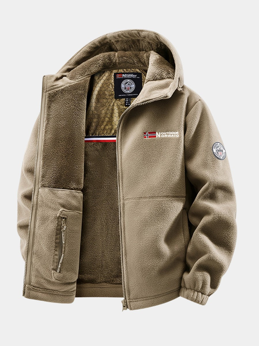 Veste polaire beige à capuche, ouverte sur sa doublure peluche et sa poche zippée
