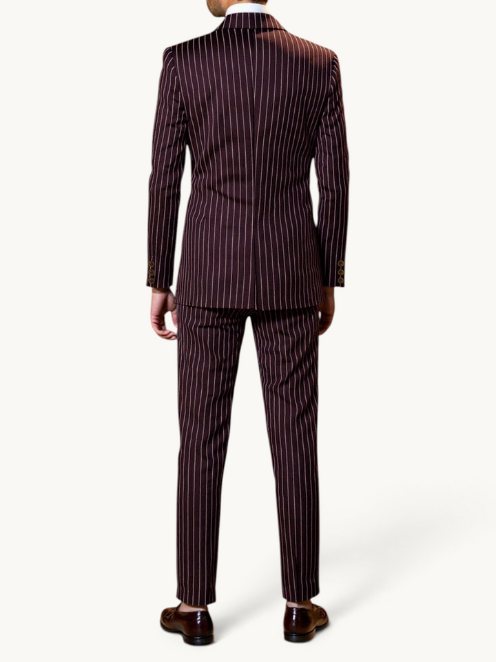 Back view of a By Old Money two-piece pinstripe suit with a double-breasted jacket and matching tailored trousers.