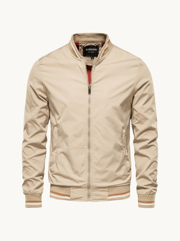 Blouson zippé beige col montant rayures contrastantes aux poignets et bas