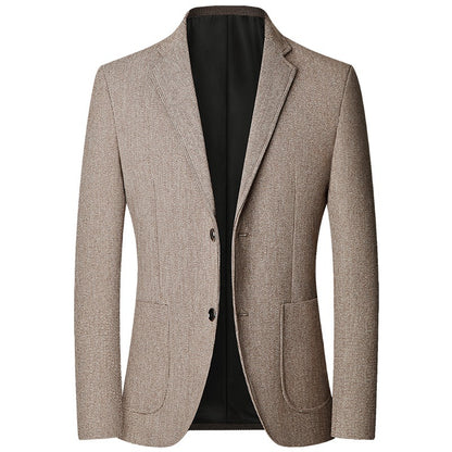 Blazer beige à motif pied-de-poule discret, deux boutons et poches plaquées, à plat