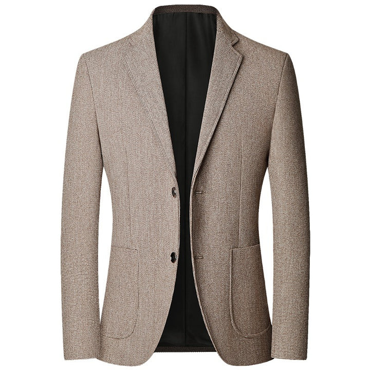 Blazer beige à motif pied-de-poule discret, deux boutons et poches plaquées, à plat