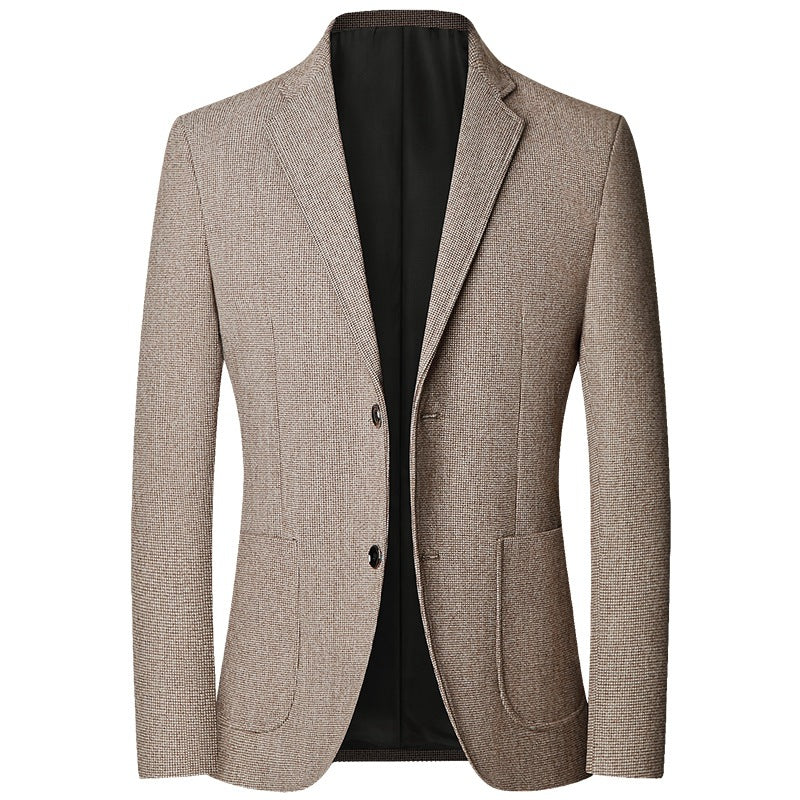 Blazer beige à motif pied-de-poule discret, deux boutons et poches plaquées, à plat