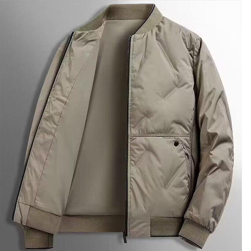 Veste d'hiver matelassée beige à col côtelé, ouverte, vue de face