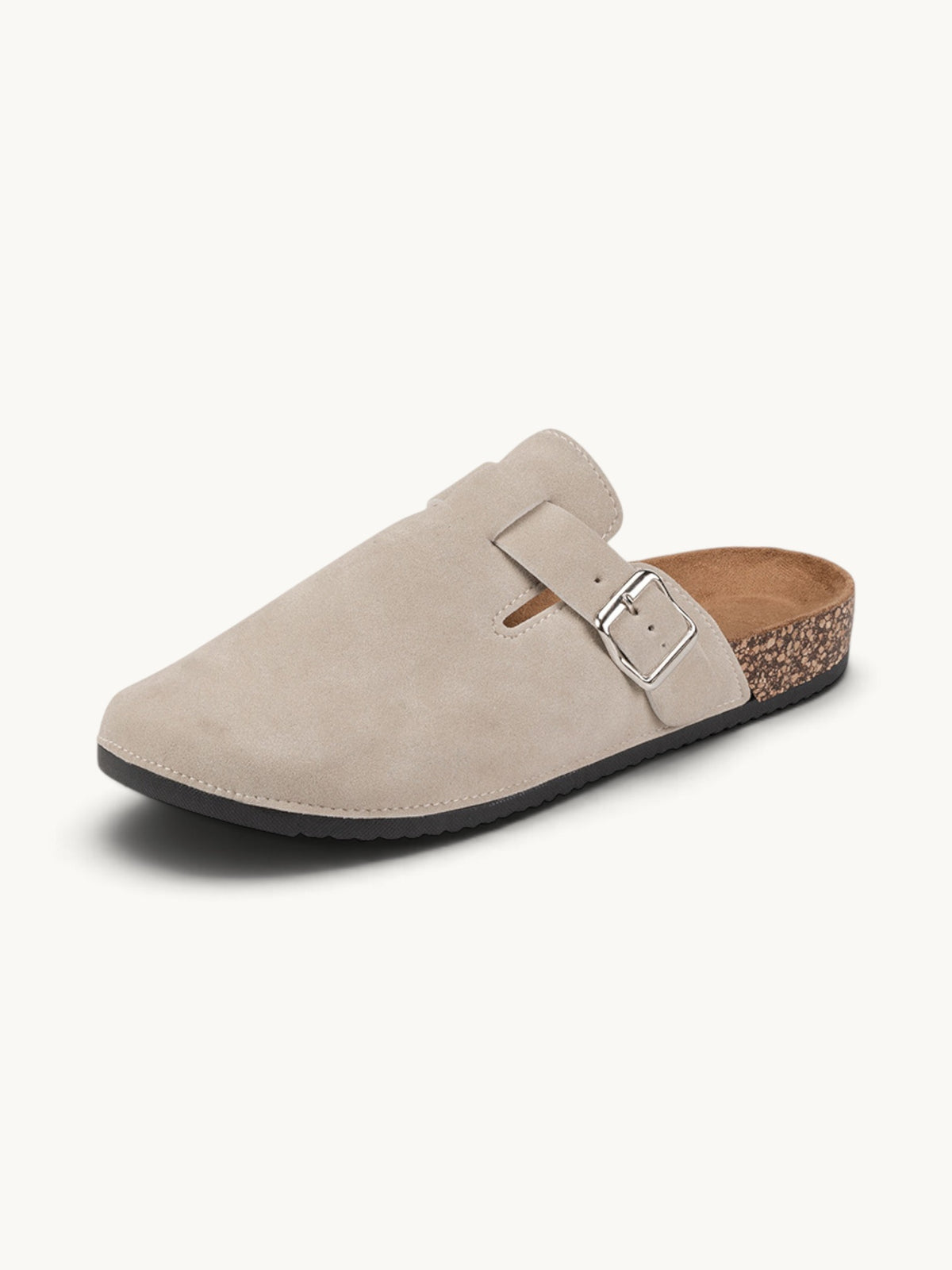 Sabot fermé beige suède avec boucle métal et semelle liège