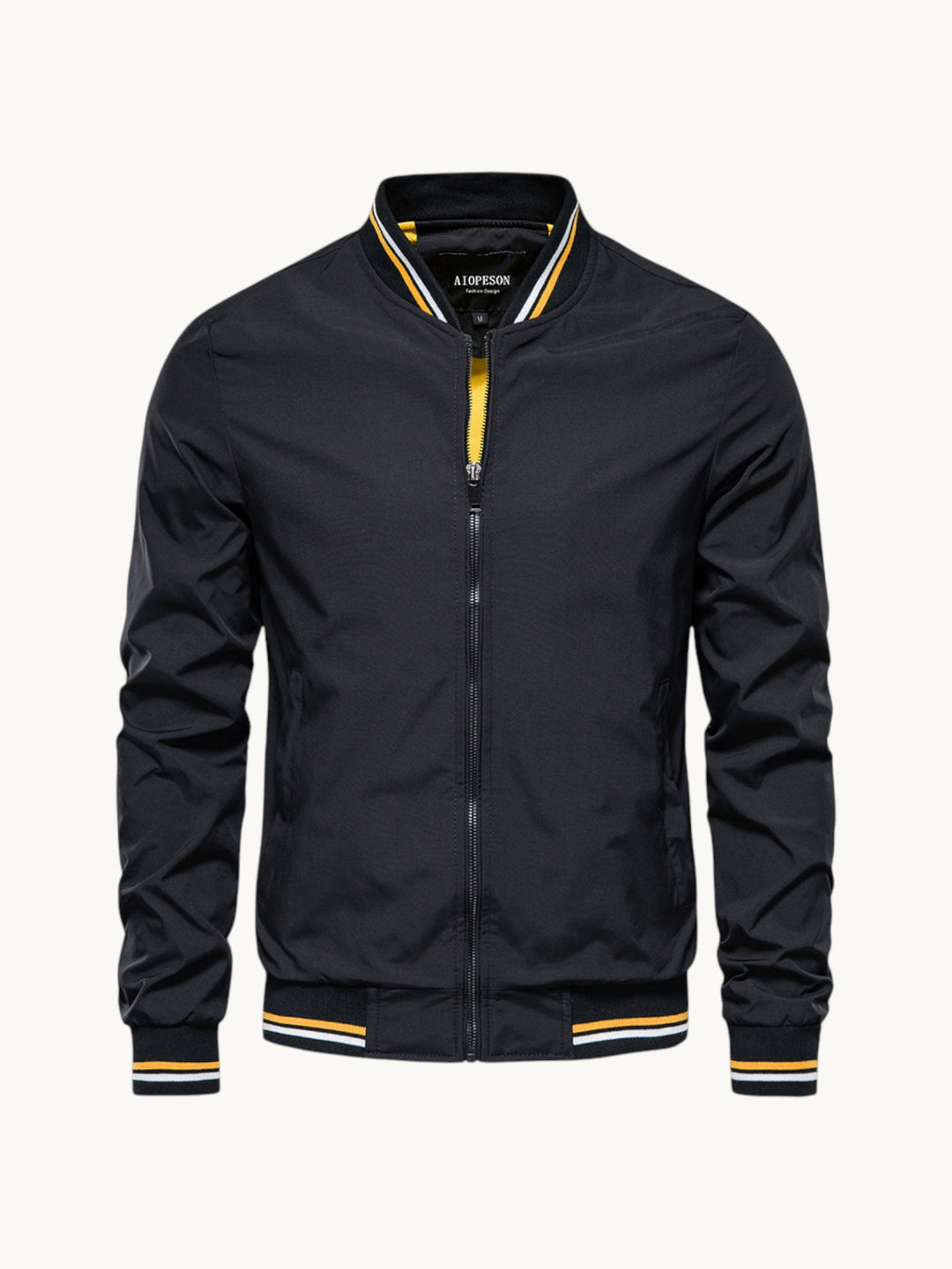 Blouson noir zippé à col montant avec rayures jaunes et blanches