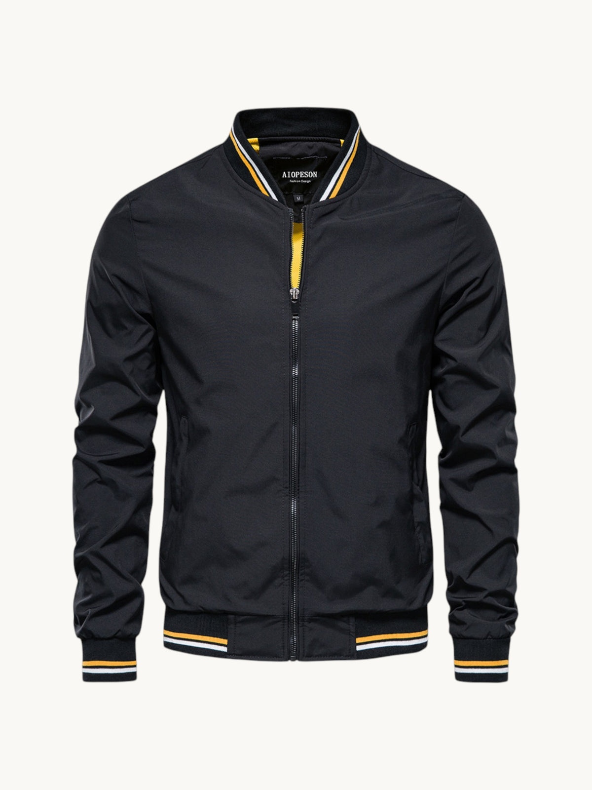 Blouson noir zippé à col montant avec rayures jaunes et blanches