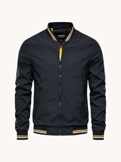 Blouson noir zippé à col montant avec rayures jaunes et blanches