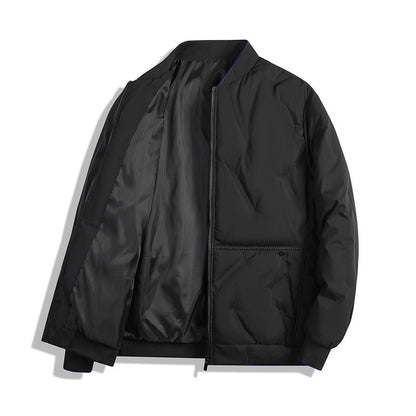 Veste matelassée noire ouverte à plat, col montant côtelé et fermeture zippée