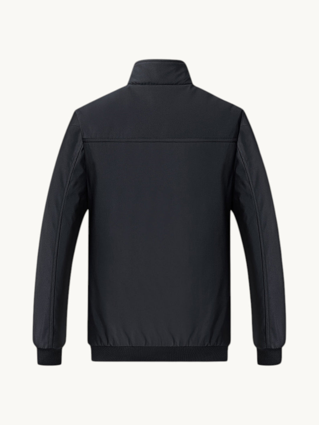 Blouson bombardier noir zippé vue arrière, doublure polaire, manches longues