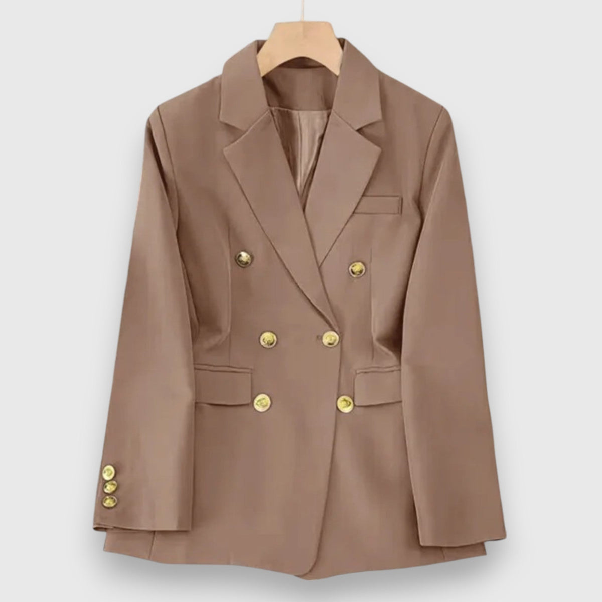 Blazer croisé cintré marron pour femme, vue de face sur cintre