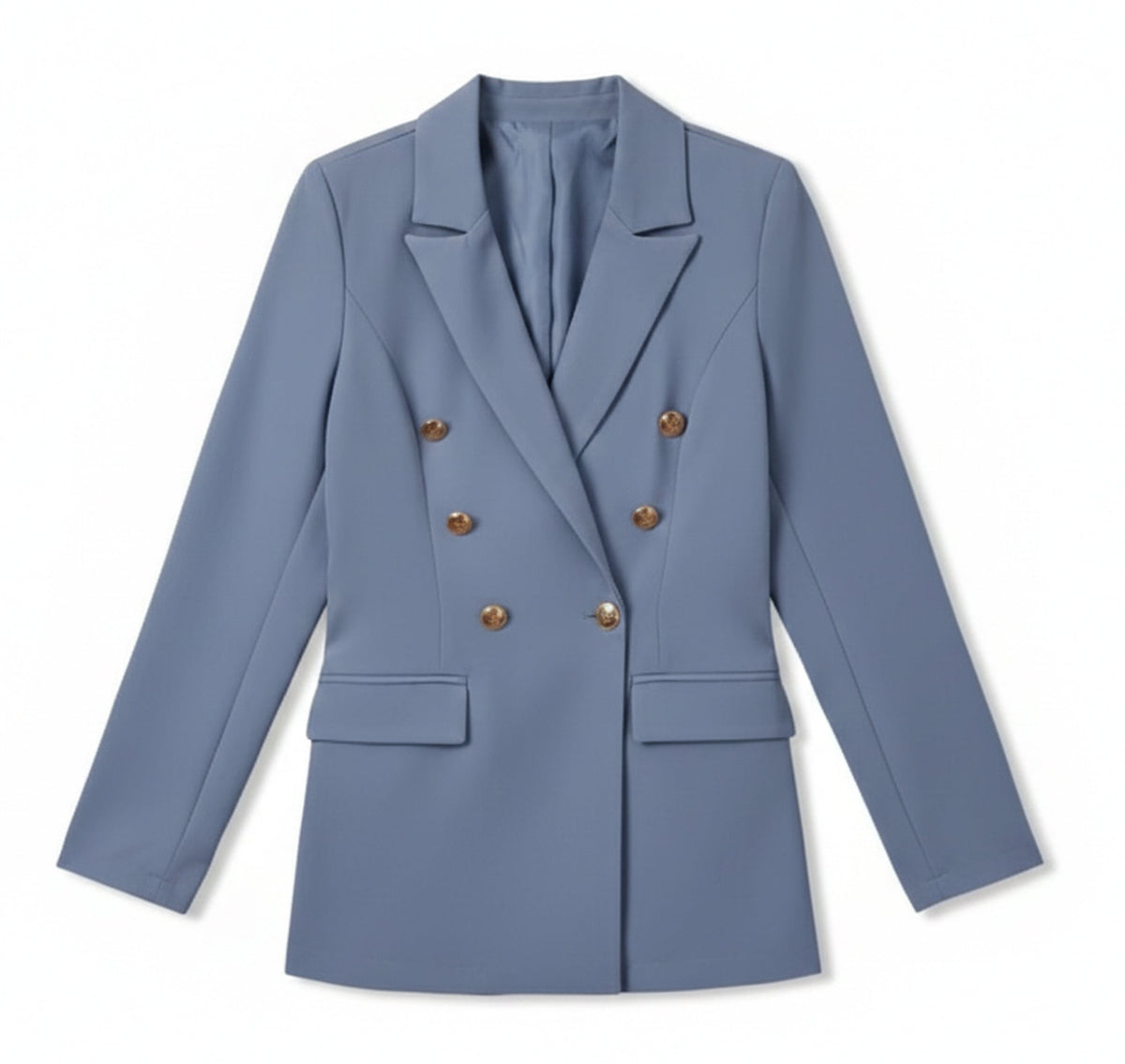 Blazer croisé boutons dorés, coloris ardoise, présenté à plat