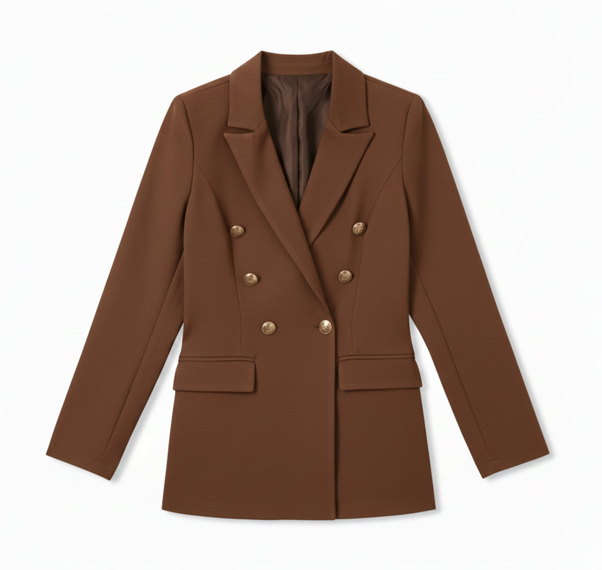 Blazer croisé boutons dorés, coloris marron, présenté à plat