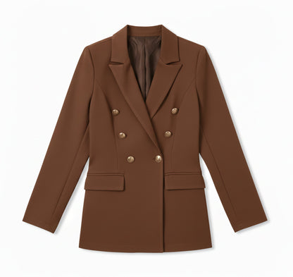 Blazer croisé boutons dorés, coloris marron, présenté à plat