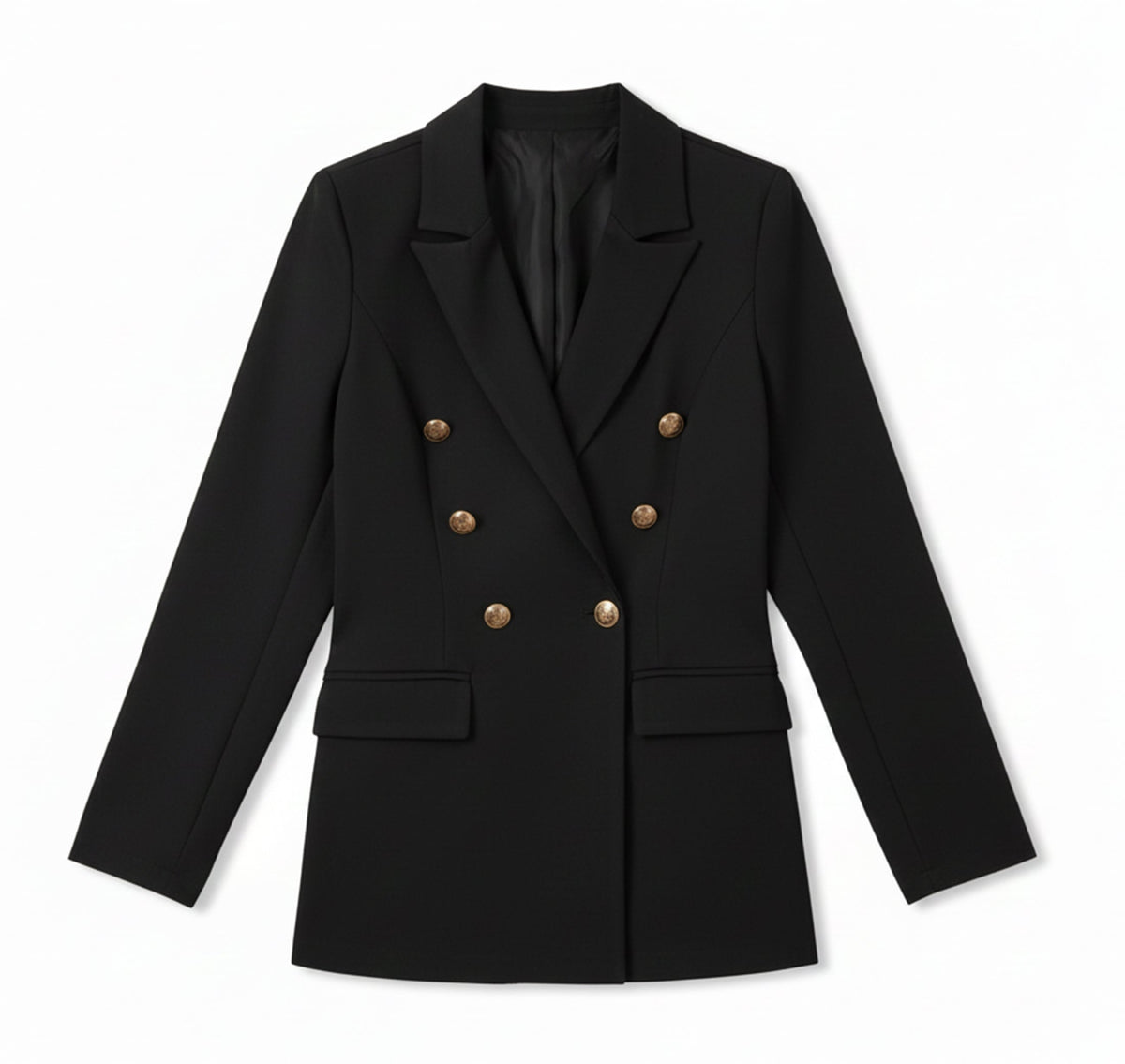 Blazer croisé boutons dorés, coloris noir, présenté à plat