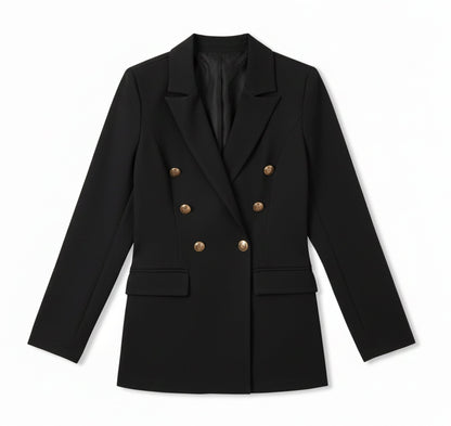 Blazer croisé boutons dorés, coloris noir, présenté à plat