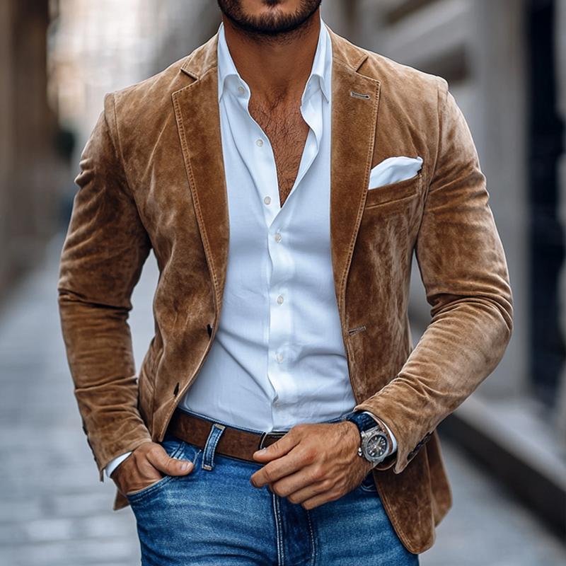 Blazer effet daim marron porté sur une chemise blanche en ville
