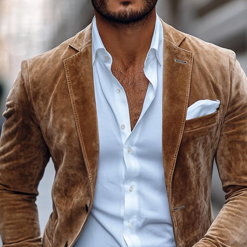 Détail des revers crantés surpiqués d'un blazer effet daim marron