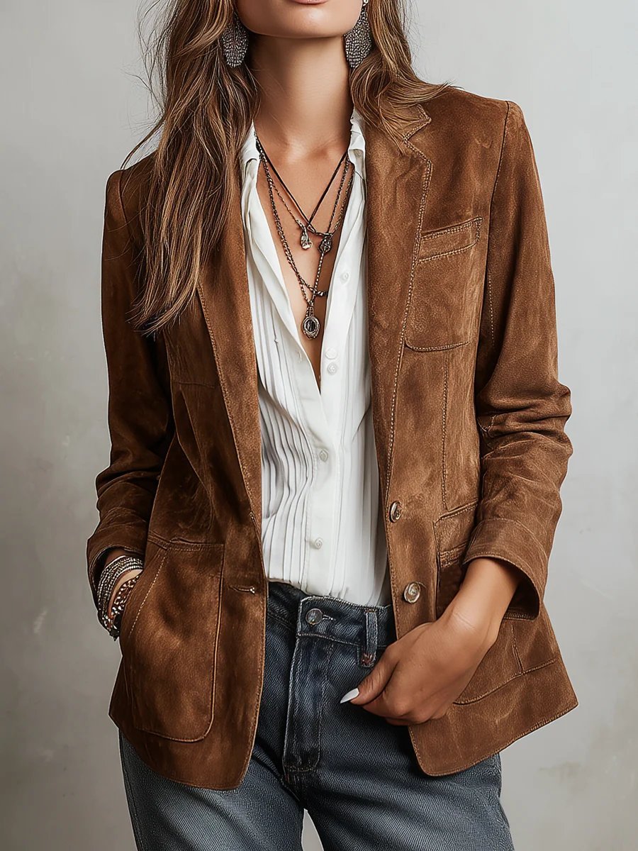 Blazer effet daim, coloris marron, vu de face