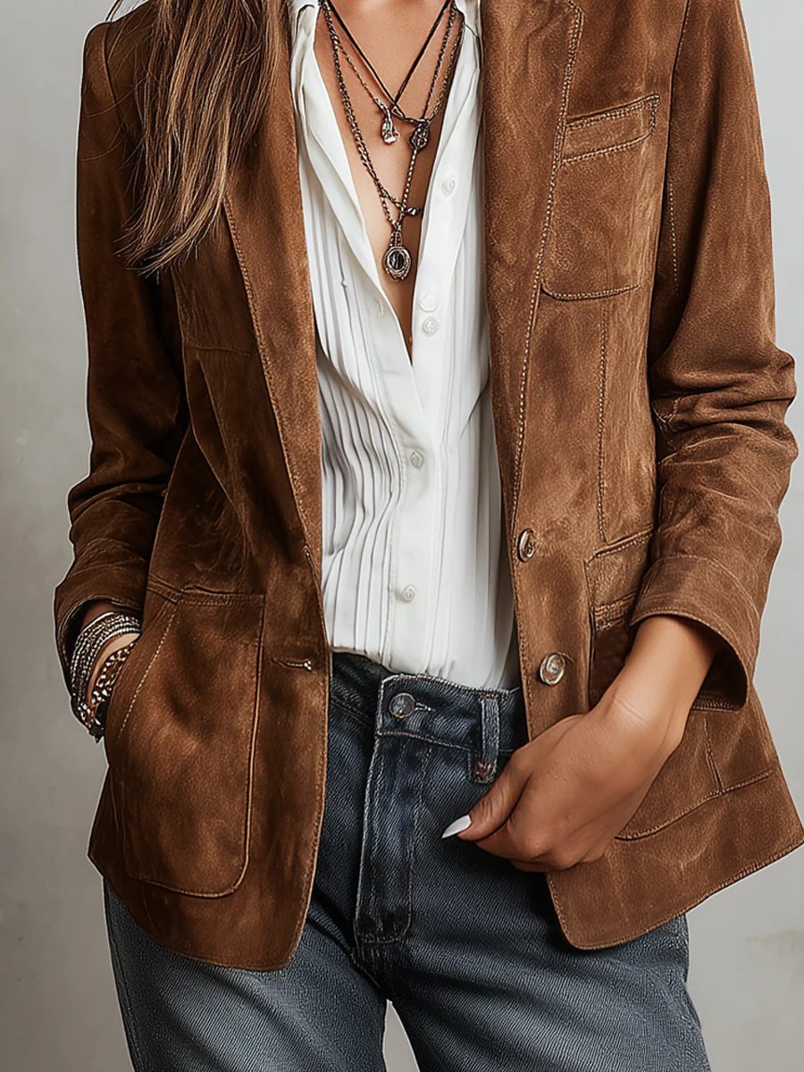 Blazer effet daim, coloris marron, vu de face