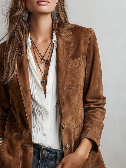Blazer effet daim, coloris marron, vu de face