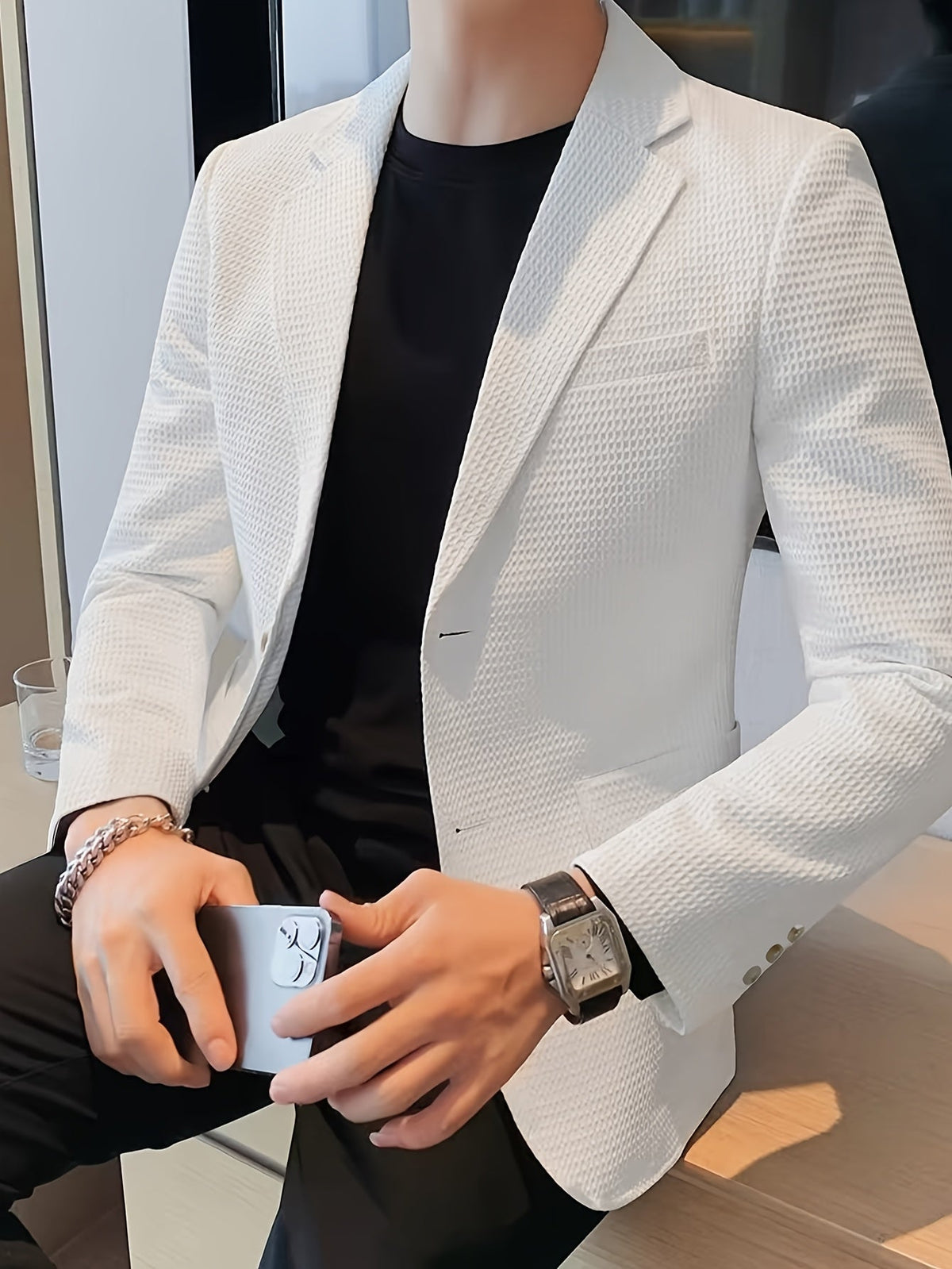 Blazer en maille texturée, blanc