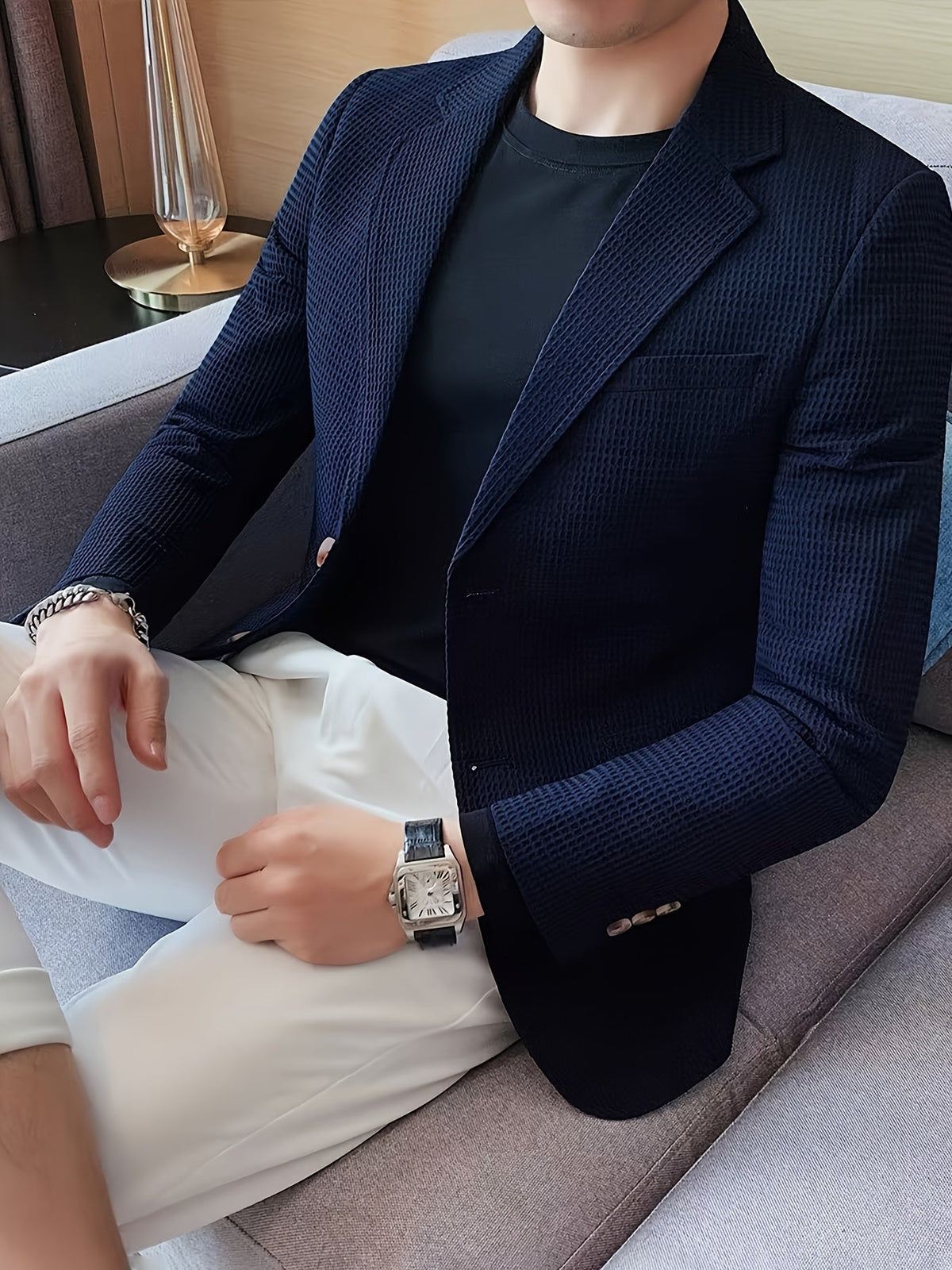 Blazer en maille texturée, bleu marine
