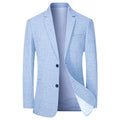 Blazer de ville bleu clair en tissu léger, deux boutons et doublure visible, vue de face