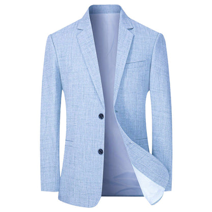 Blazer de ville bleu clair en tissu léger, deux boutons et doublure visible, vue de face