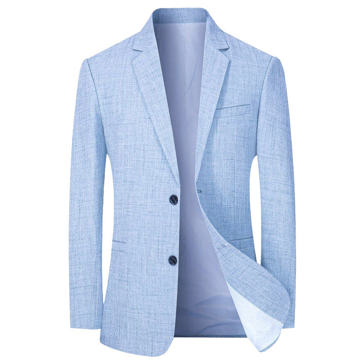 Blazer de ville bleu clair en tissu léger, deux boutons et doublure visible, vue de face