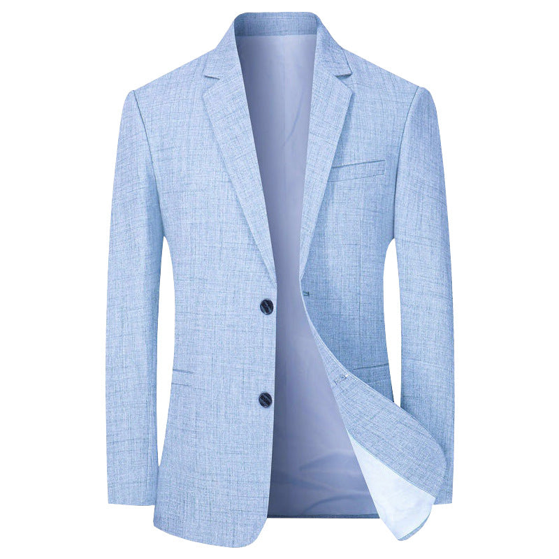 Blazer de ville bleu clair en tissu léger, deux boutons et doublure visible, vue de face