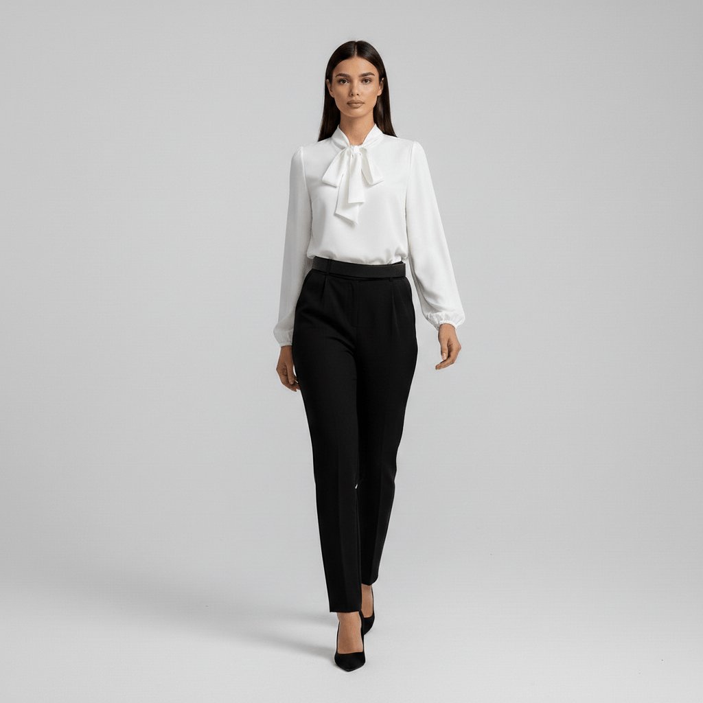 Blouse à col lavallière, coloris blanc, vue de face