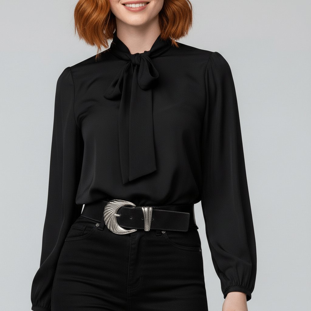 Blouse à col lavallière, coloris noir, porté en tenue
