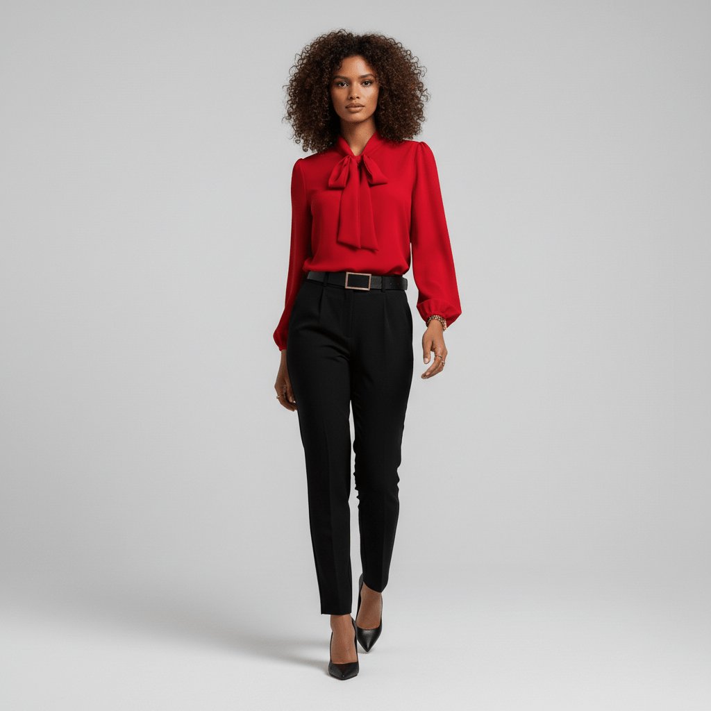Blouse à col lavallière, coloris rouge, vue de face