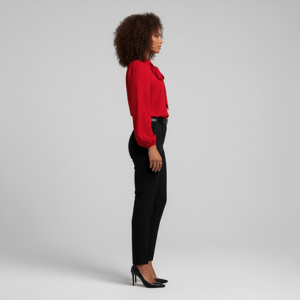 Blouse à col lavallière, coloris rouge, vue de profil