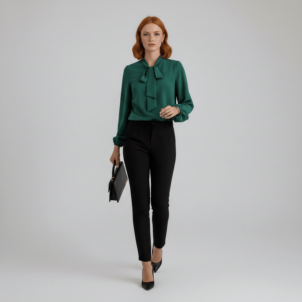 Blouse à col lavallière, coloris vert forêt, vue de face